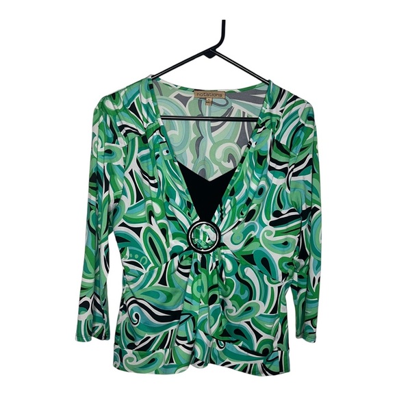 Notations Tops - Y2K Psychedelic Whimsy Blouse Green, Black, & White XL